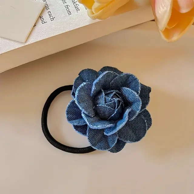 Denim Camellia Pearl Barrettes Sweet Hair Band Denim Blue Hair Ring - Shop at LoveMi