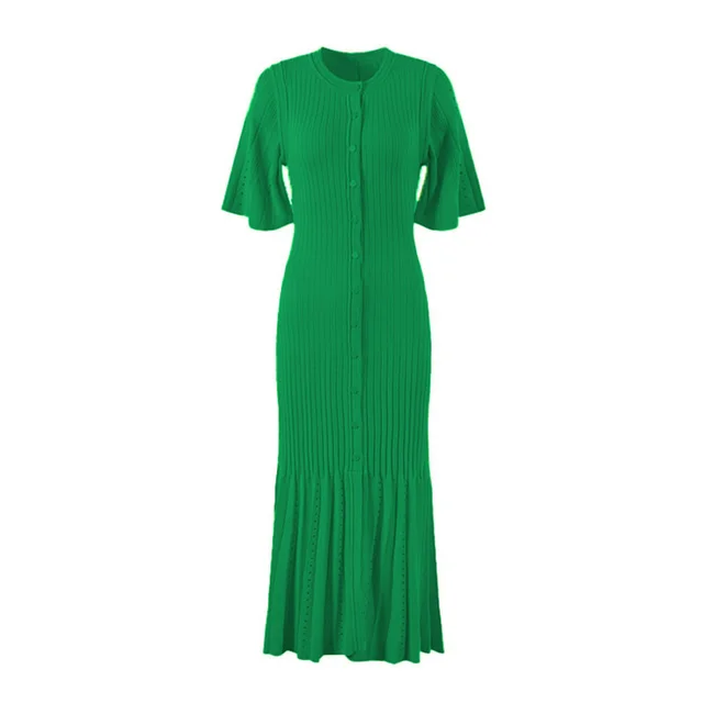 Women's Short sleeved Button Slit Knitted Dress Green - Shop at LoveMi