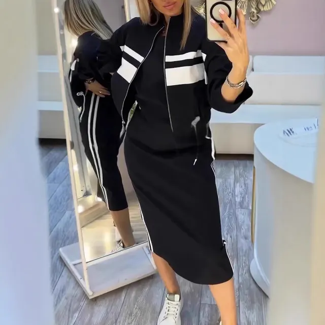 Casual Zipper White Stripe Edge Jacket Coat Dress Women's Suit Black - Shop at LoveMi