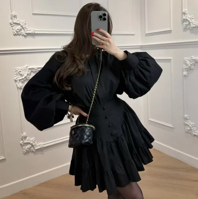 Lantern Sleeve Shirt Ruffled Skirt Suit Women Black - Shop at LoveMi