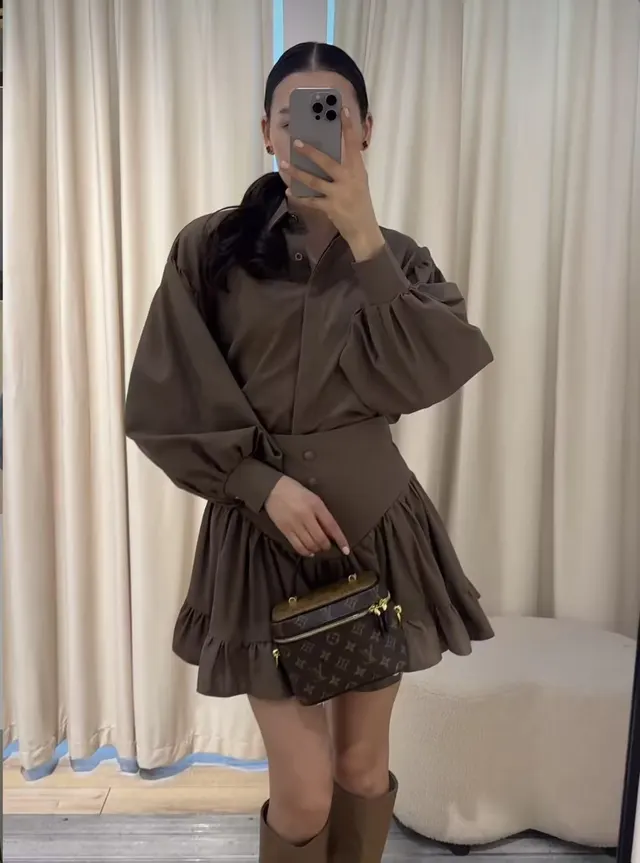 Lantern Sleeve Shirt Ruffled Skirt Suit Women Brown - Shop at LoveMi