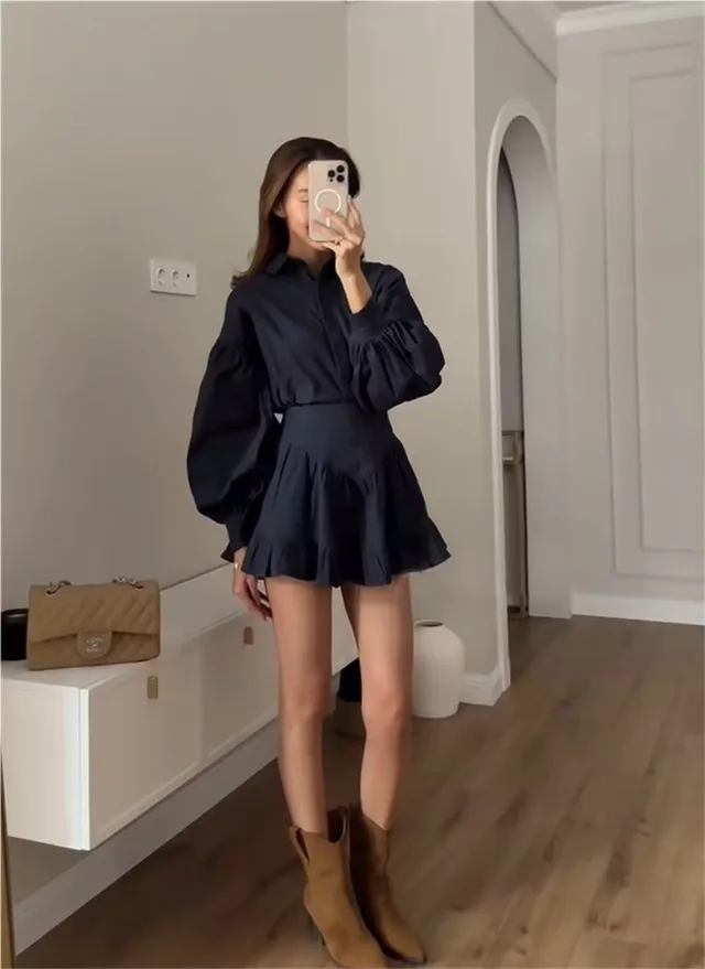 Lantern Sleeve Shirt Ruffled Skirt Suit Women Dark Blue - Shop at LoveMi