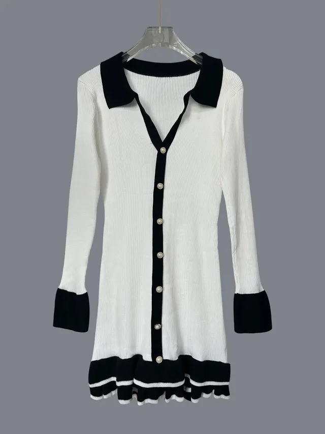Women's Long sleeved Ruffled Knitted Dress Black And White - Shop at LoveMi