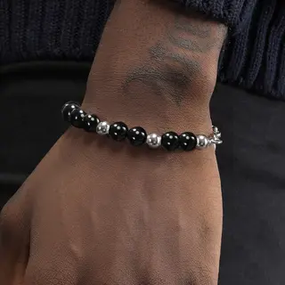 Men's Original Steel Bead Splicing Black Agate Pearl Bracelet - Black