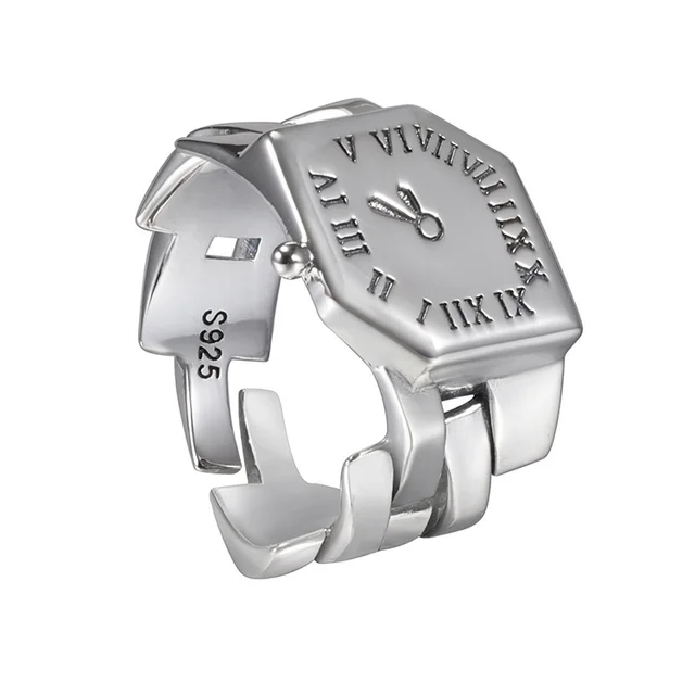 S925 Sterling Silver Clock Men's And Women's Hip hop Retro High end Sensory Food Ring Silver - Shop at LoveMi