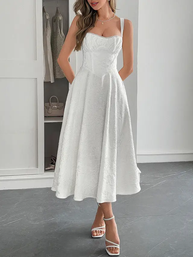 Elegant Graceful Strap Jacquard Maxi Dress Women's Clothing White - Shop at LoveMi