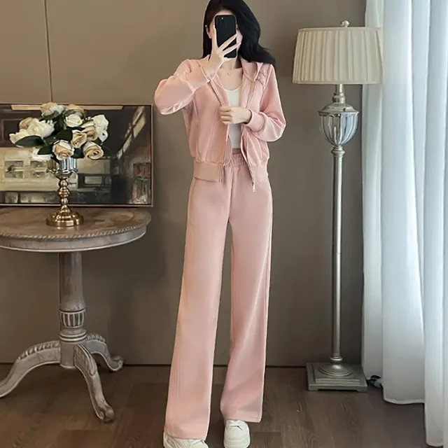 Western Style Youthful looking Fried Street Sweatshirt And Sweatpants Two piece Set Pink - Shop at LoveMi