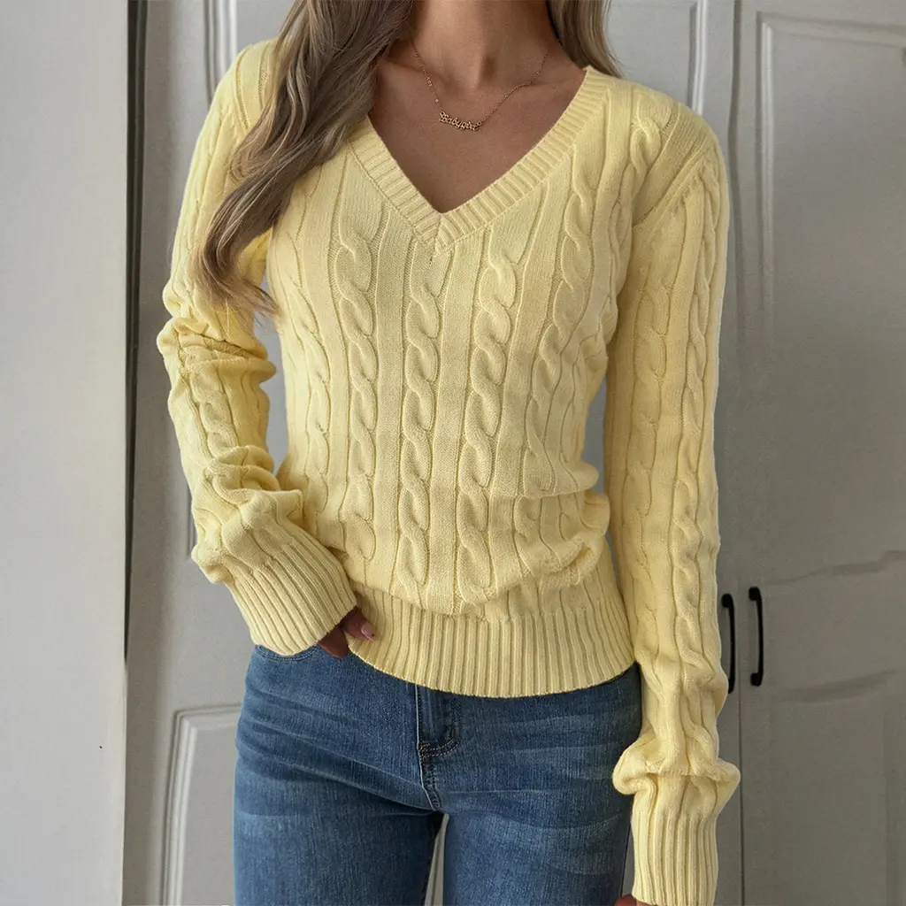 All-match Woolen Long-sleeved Top Sweater For Women - Yellow