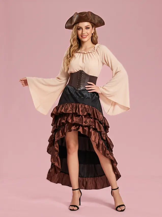 Medieval Pirate Costume with Ruffled Skirt for Women Apricot - Shop at LoveMi
