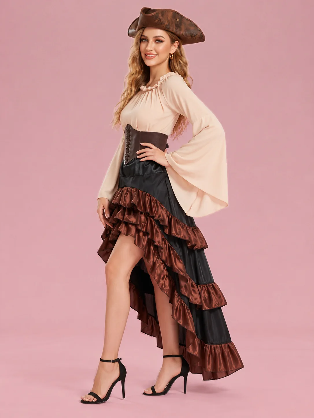Medieval Pirate Costume with Ruffled Skirt for Women - Apricot - View 3