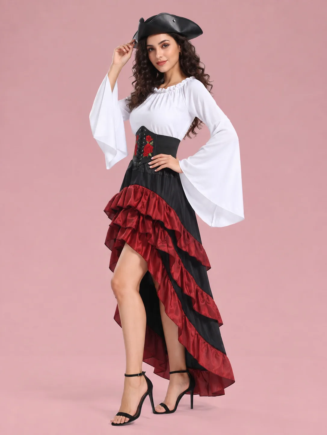 Medieval Pirate Costume with Ruffled Skirt for Women - White - View 3