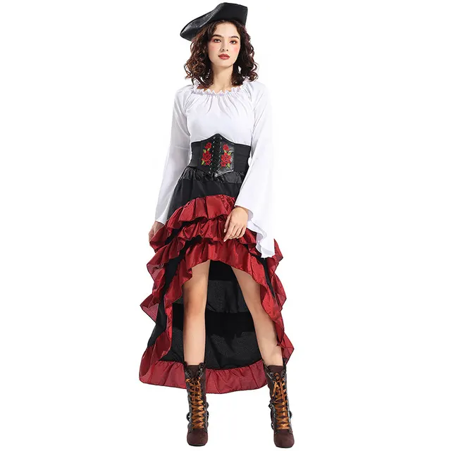 Halloween Costume Medieval Irregular Pirate Queen Waist tightening Clothes Lotus Leaf Maxi Dress White - Shop at LoveMi