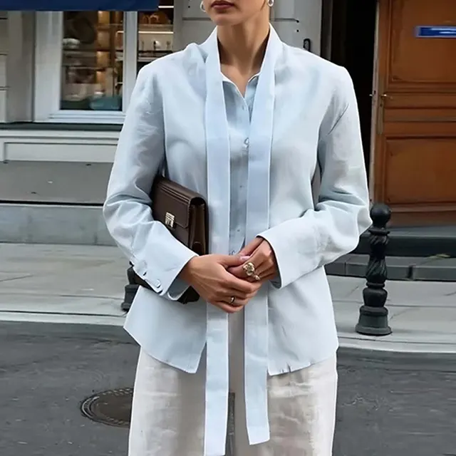 Elegant Tie Summer And Autumn Solid Color Top Korean Style Casual Long Sleeve Shirt Blue - Shop at LoveMi