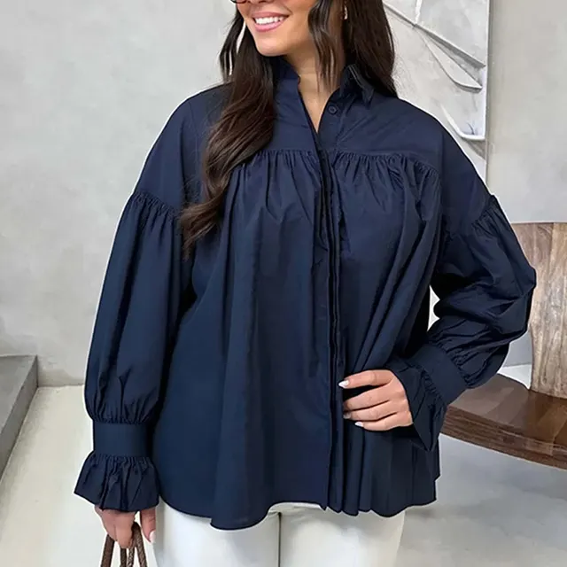 Women's Pleated Lapel Splicing Solid Color Blouse Dark Blue - Shop at LoveMi