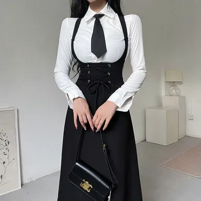 Large Size Fat Black Waist Strap Dress White Shirt Spring Black - Shop at LoveMi