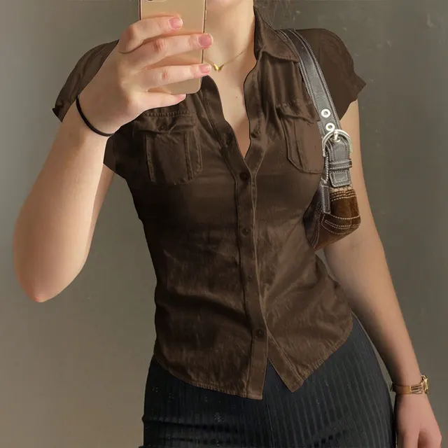 Women's Solid Color Short sleeved Button Shirt Brown - Shop at LoveMi