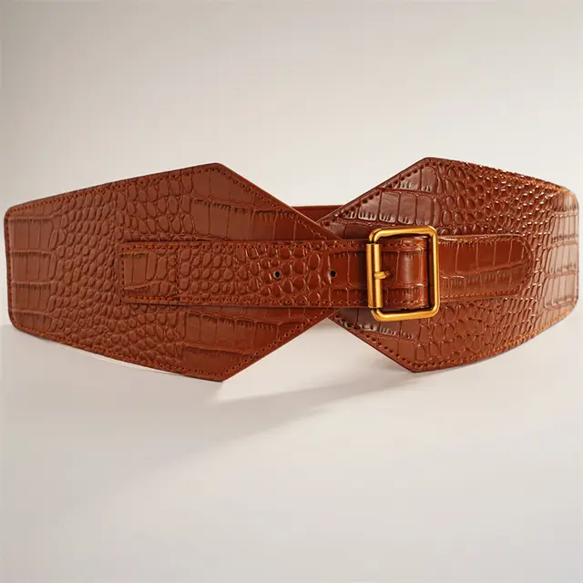 Extra Wide Women's Elastic Waist Seal Overcoat Skirt Belt Brown Alloy Buckle - Shop at LoveMi