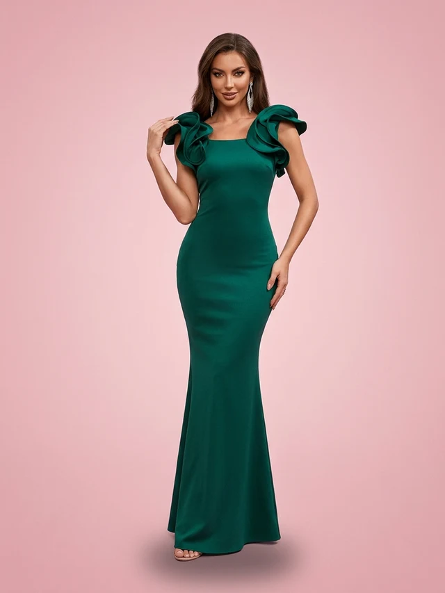 Satin Flounced Sleeve Slim Dress Banquet Evening Gown Green - Shop at LoveMi