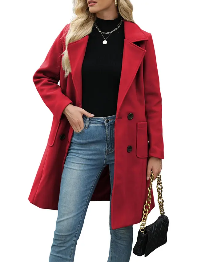 Winter Korean Style Slim Mid length Double Breasted Turn down Collar Coat Red - Shop at LoveMi