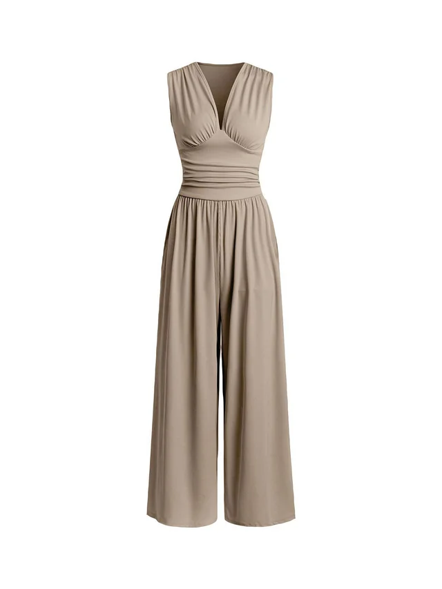 Sleeveless Knitted Jumpsuit Loose Wide leg Pants Khaki - Shop at LoveMi