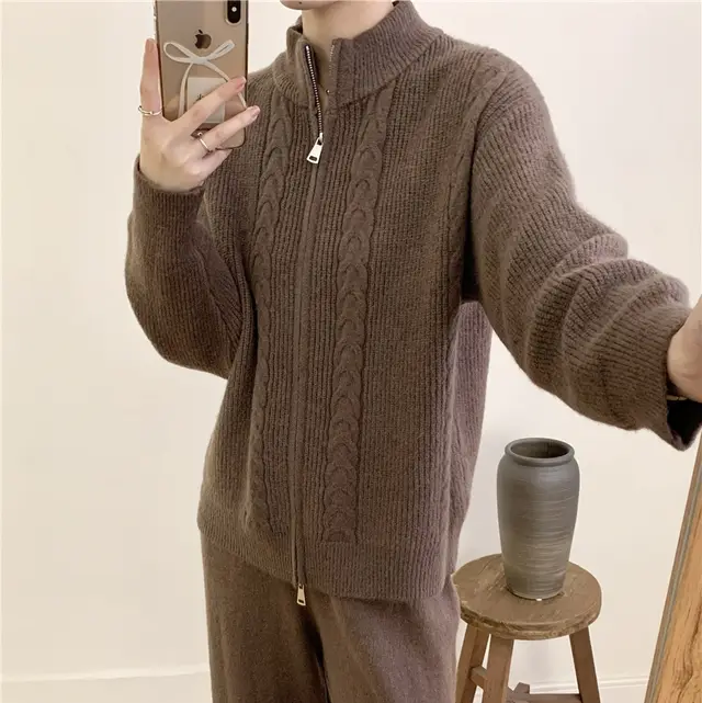 Women's Knitted Zipper Top And Trousers Suit Brown - Shop at LoveMi
