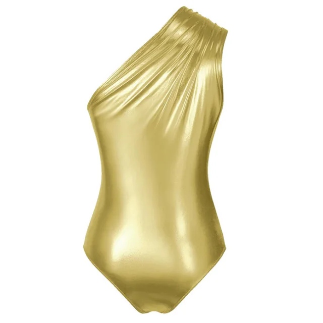 Oblique Shoulder Jumpsuit Metallic Glossy Sexy Party Gold - Shop at LoveMi