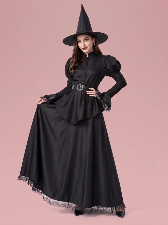 High Collar Witch Costume Dress with Hat and Belt for Women Black - Shop at LoveMi