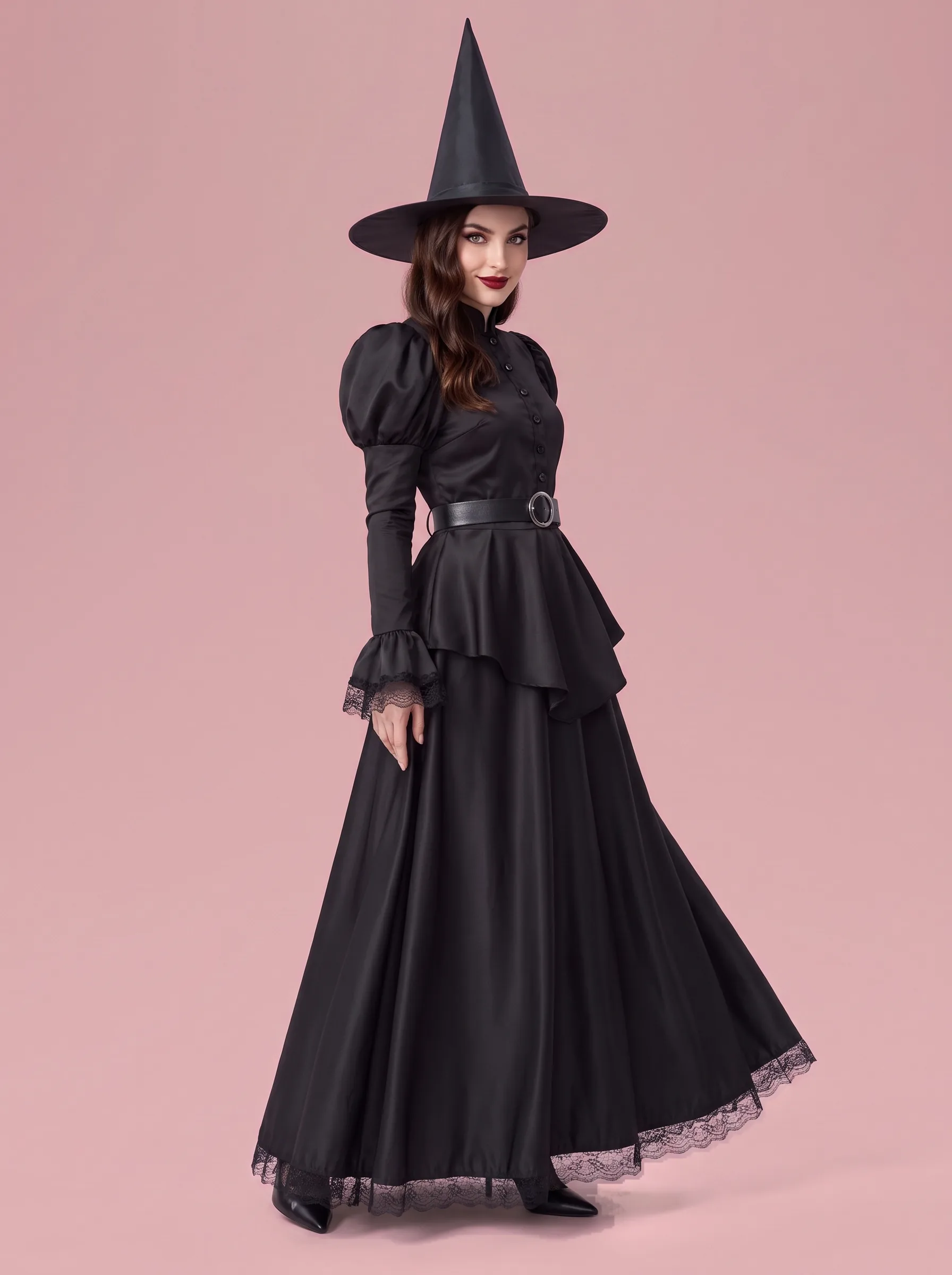 High-Collar Witch Costume Dress with Hat and Belt for Women - Black - View 2