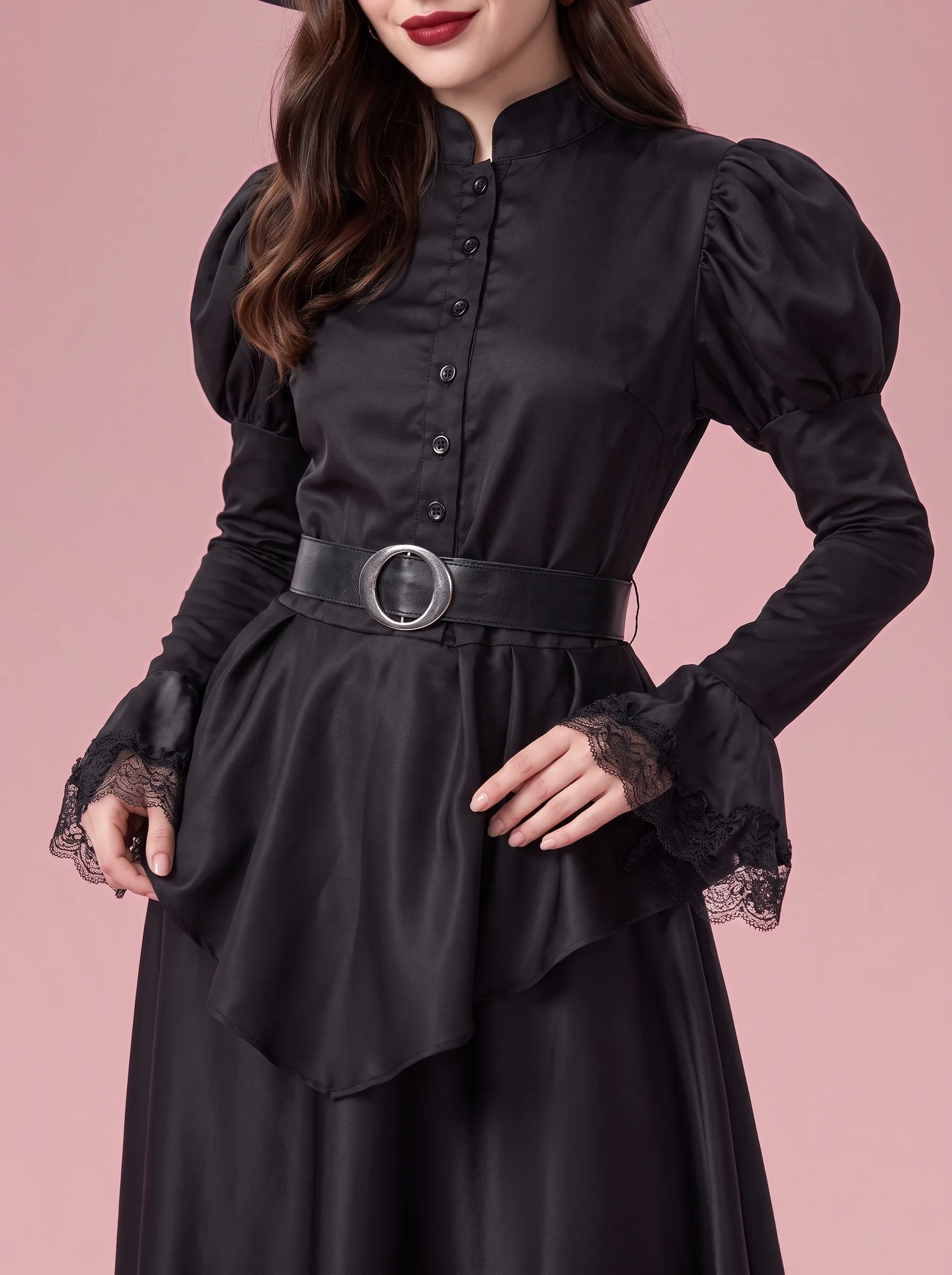 High-Collar Witch Costume Dress with Hat and Belt for Women - Black - View 3