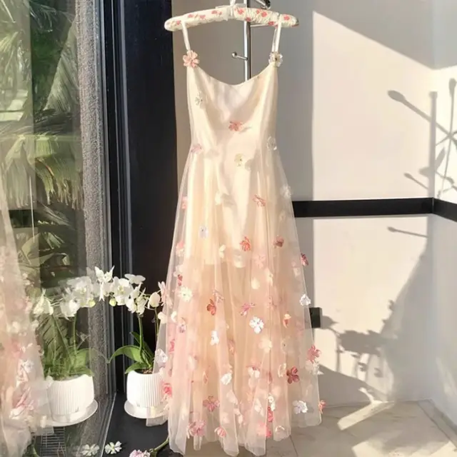 French Romantic Three dimensional Flower Strap Dress Light Pink - Shop at LoveMi