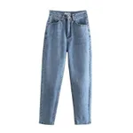 Women's Solid Color High Waist Loose Casual Denim Trousers - Light Blue