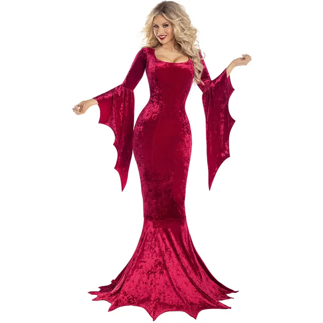 Halloween Bat Witch Ghost Costume Long Dress Performance Wear Dark Red - Shop at LoveMi