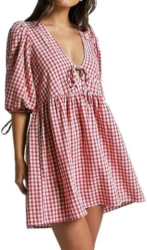 Women's Fashion V neck Lace up Plaid Dress Red And White - Shop at LoveMi