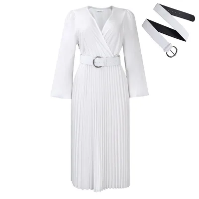 Long Sleeve V neck Pleated Midi Dress White Belt - Shop at LoveMi