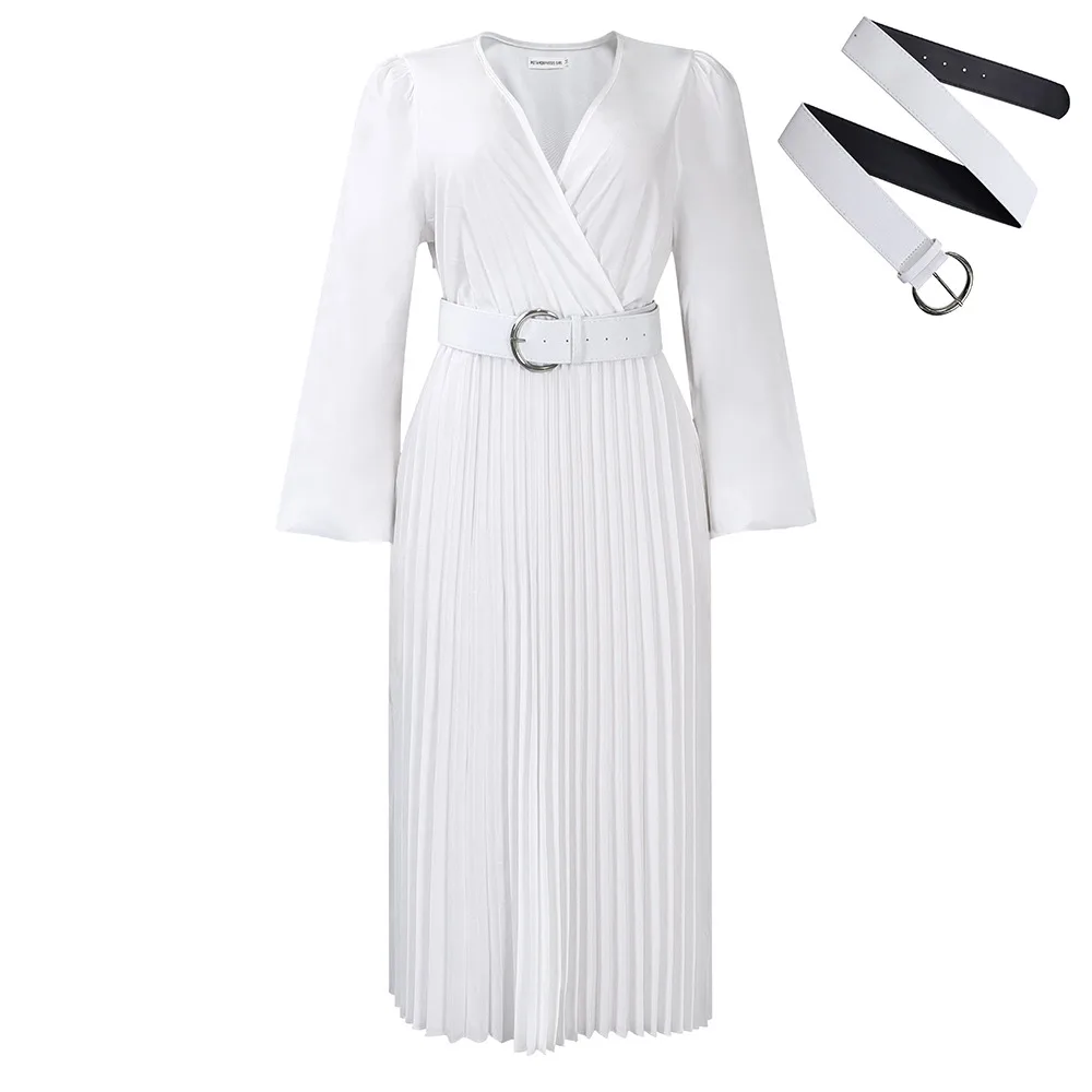 Long Sleeve V neck Pleated Midi Dress White Belt - Shop at LoveMi