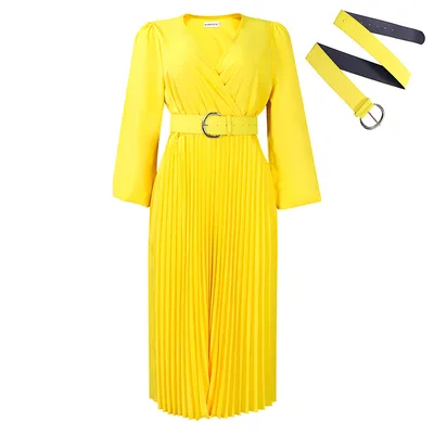 Long Sleeve V neck Pleated Midi Dress Yellow - Shop at LoveMi