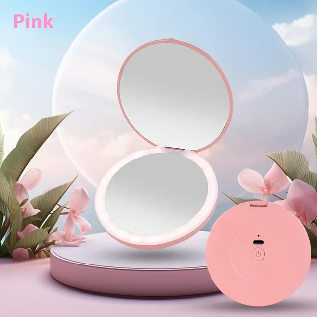 New Mini Portable LED Luminous Makeup Mirror Pink 2 Times Mirror - Shop at LoveMi