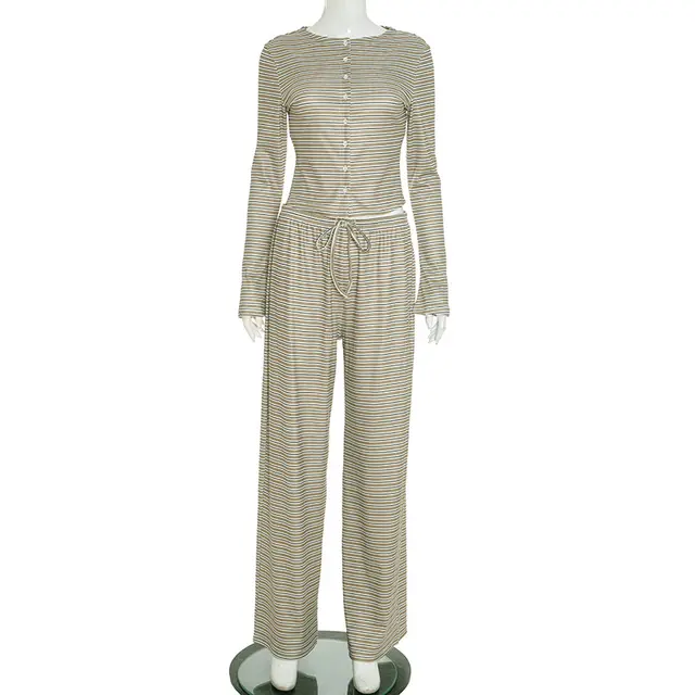 Striped Single breasted Long Sleeve Drawstring Trousers Two piece Suit Army Green - Shop at LoveMi