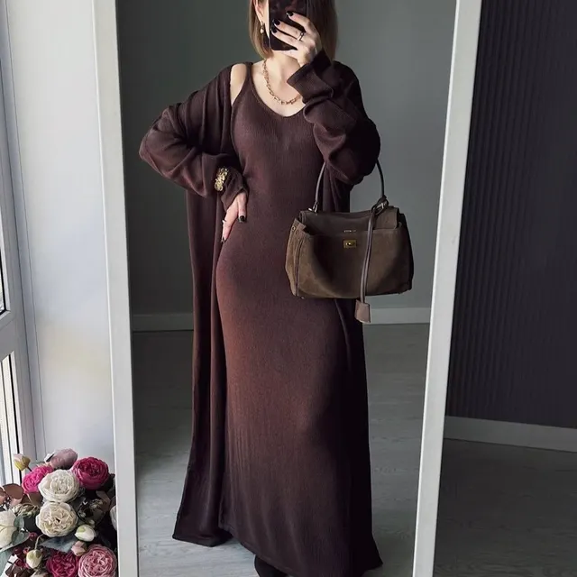 Loose Women's Casual Suits Long Sleeve Cardigan And Camisole Dress Dark Brown - Shop at LoveMi