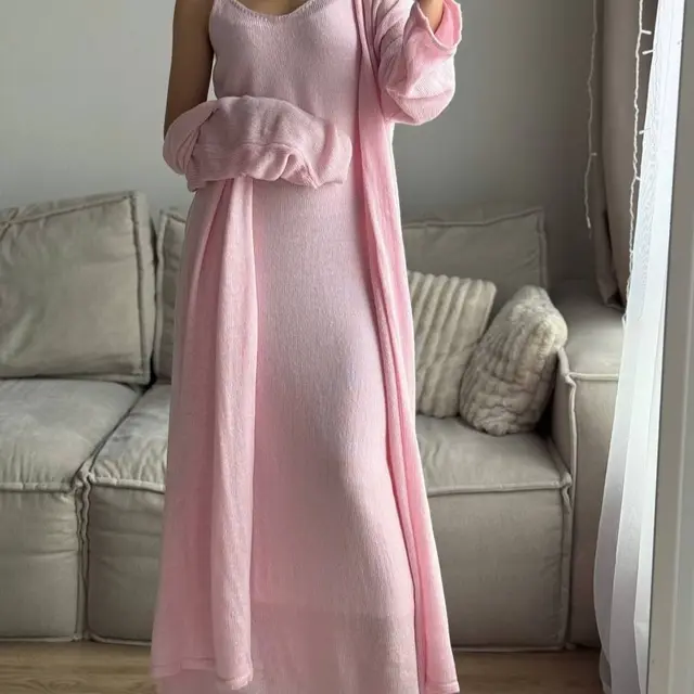 Loose Women's Casual Suits Long Sleeve Cardigan And Camisole Dress Pink - Shop at LoveMi