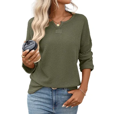 Women's Autumn Striped Waffle Knitted T shirt Green - Shop at LoveMi