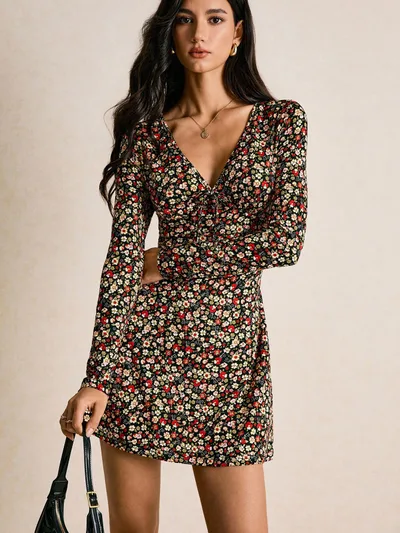 Slim Fit Fashion Floral V neck Long sleeve Dress Color - Shop at LoveMi