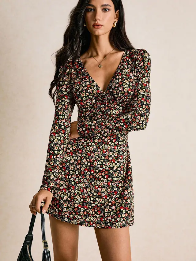Slim Fit Fashion Floral V neck Long sleeve Dress Color - Shop at LoveMi