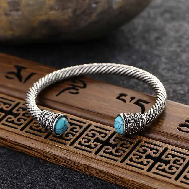 Retro Style Agate Gem Inlaid Turquoise Tigereye Men's And Women's Vintage Bracelet Antique Silver - Shop at LoveMi