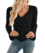 Women's Pleating Long-sleeved Top - Black
