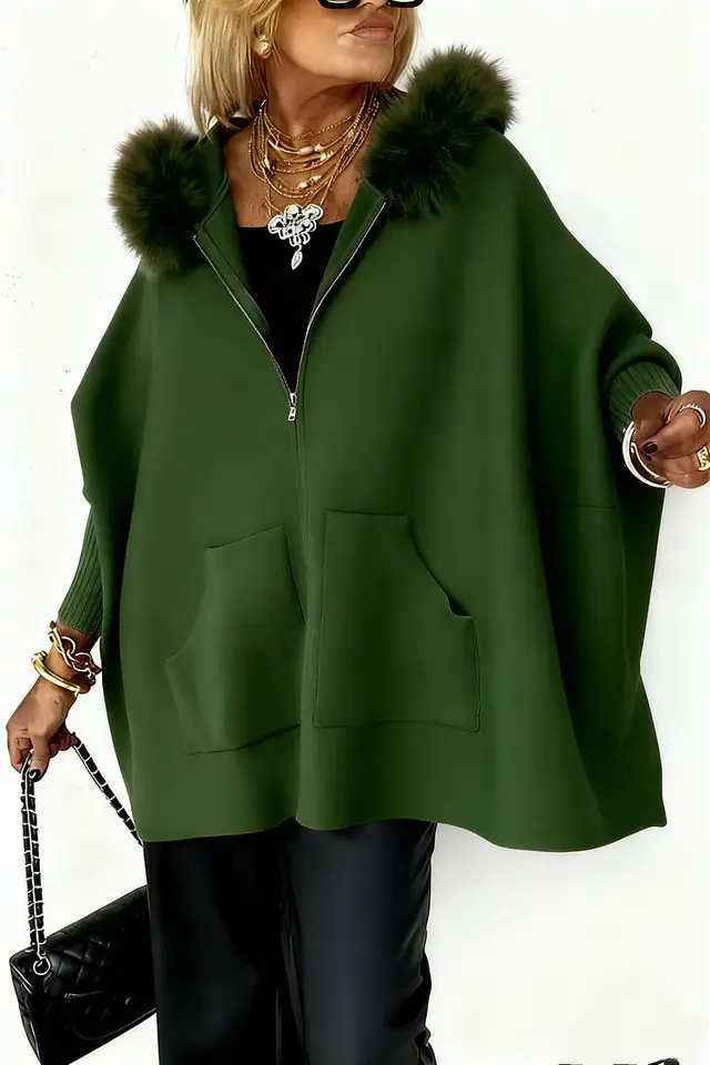 Ins Plush Hooded Cardigan Fashion Warm Pockets Zip up Knitted Jacket Casual Outerwear Batwing Sleeve Sweater Women's Clothing Green - Shop at LoveMi