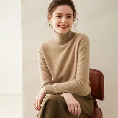 Women's Solid Color Pullover Cashmere Turtleneck Knitting Bottoming Shirt Elegant Camel - Shop at LoveMi