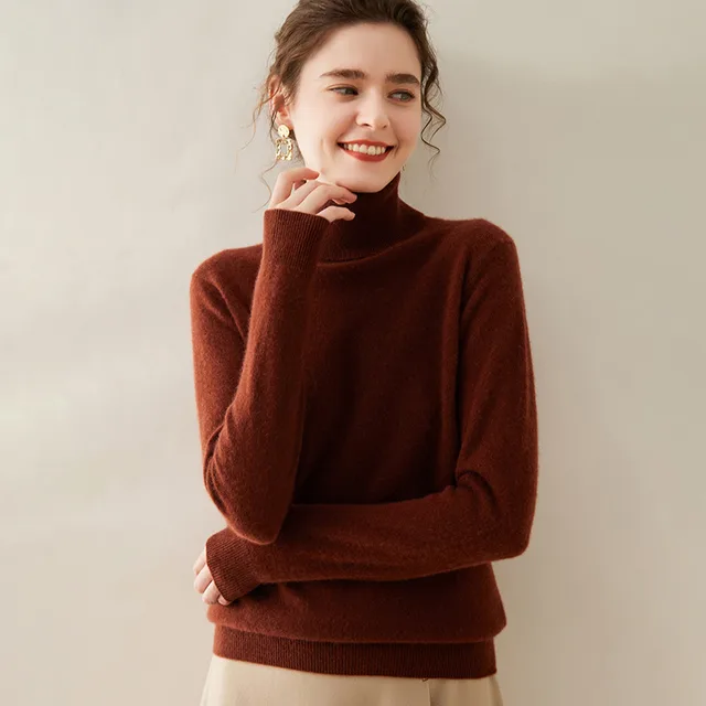 Women's Solid Color Pullover Cashmere Turtleneck Knitting Bottoming Shirt Sauce Red Color - Shop at LoveMi
