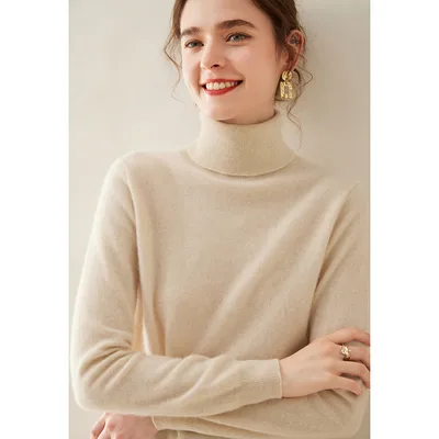 Women's Solid Color Pullover Cashmere Turtleneck Knitting Bottoming Shirt Vanilla Beige - Shop at LoveMi