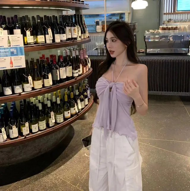 Bow Bandage Sexy Off the shoulder Pure Desire Halter Spaghetti Straps Women Violet - Shop at LoveMi